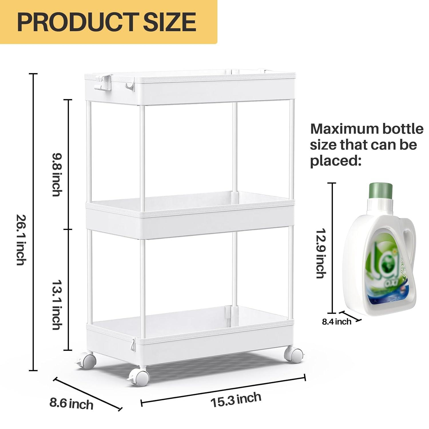 SPACEKEEPER Storage Rolling Cart, 3 Tier Laundry Room Organization Utility Cart Bathroom Organizer Mobile Shelving Unit Shelves Multi-Functional Trolley, White