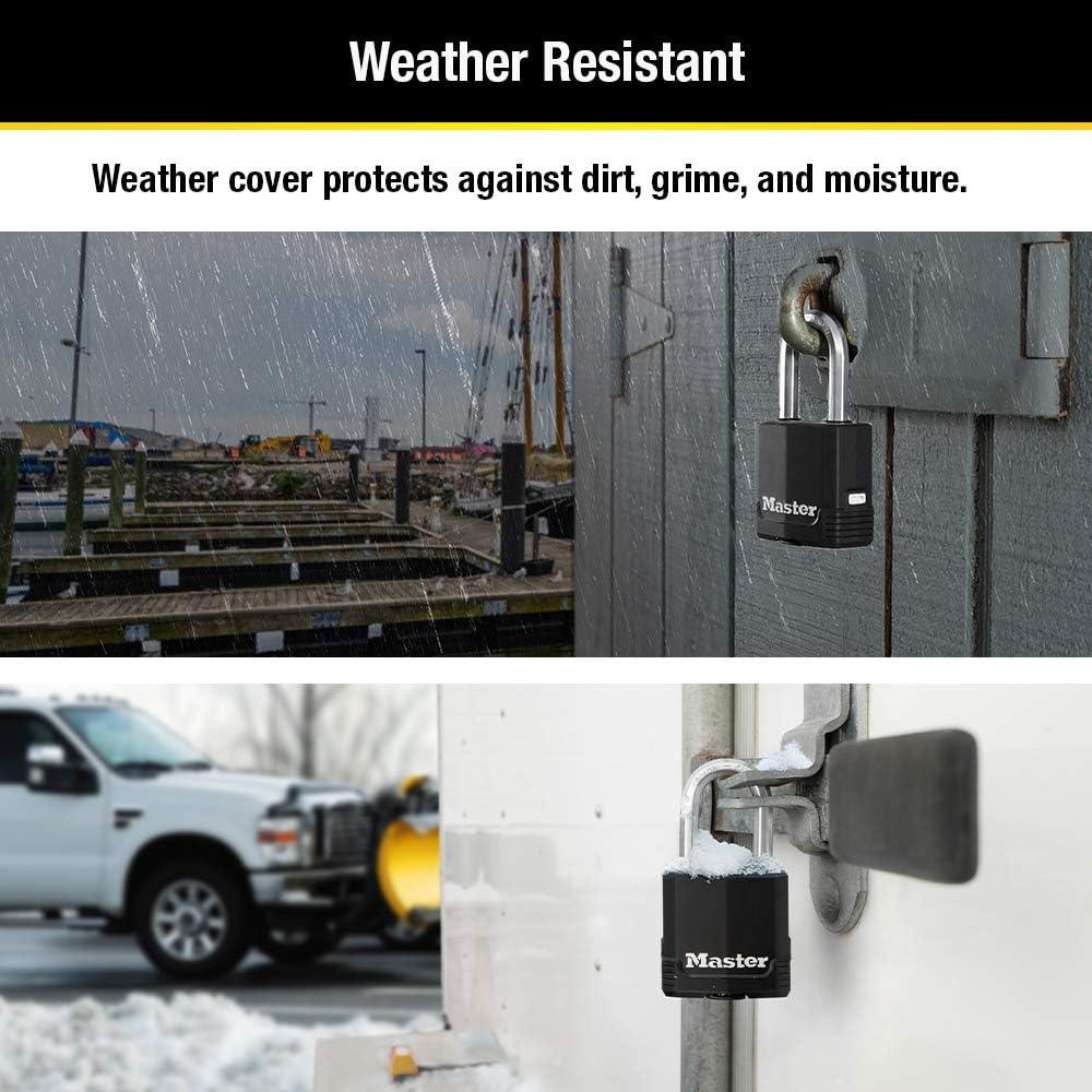 Master Lock Black Outdoor Key Lock, Heavy Duty Weather Resistant Padlock with Cover, Keyed Alike Padlocks for Outdoor Use, 4 Pack, M115XQLF