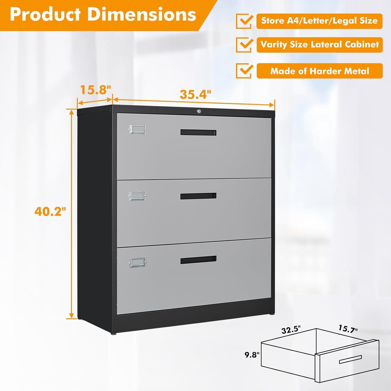 Black and Gray 3-Drawer Lockable Metal Lateral File Cabinet