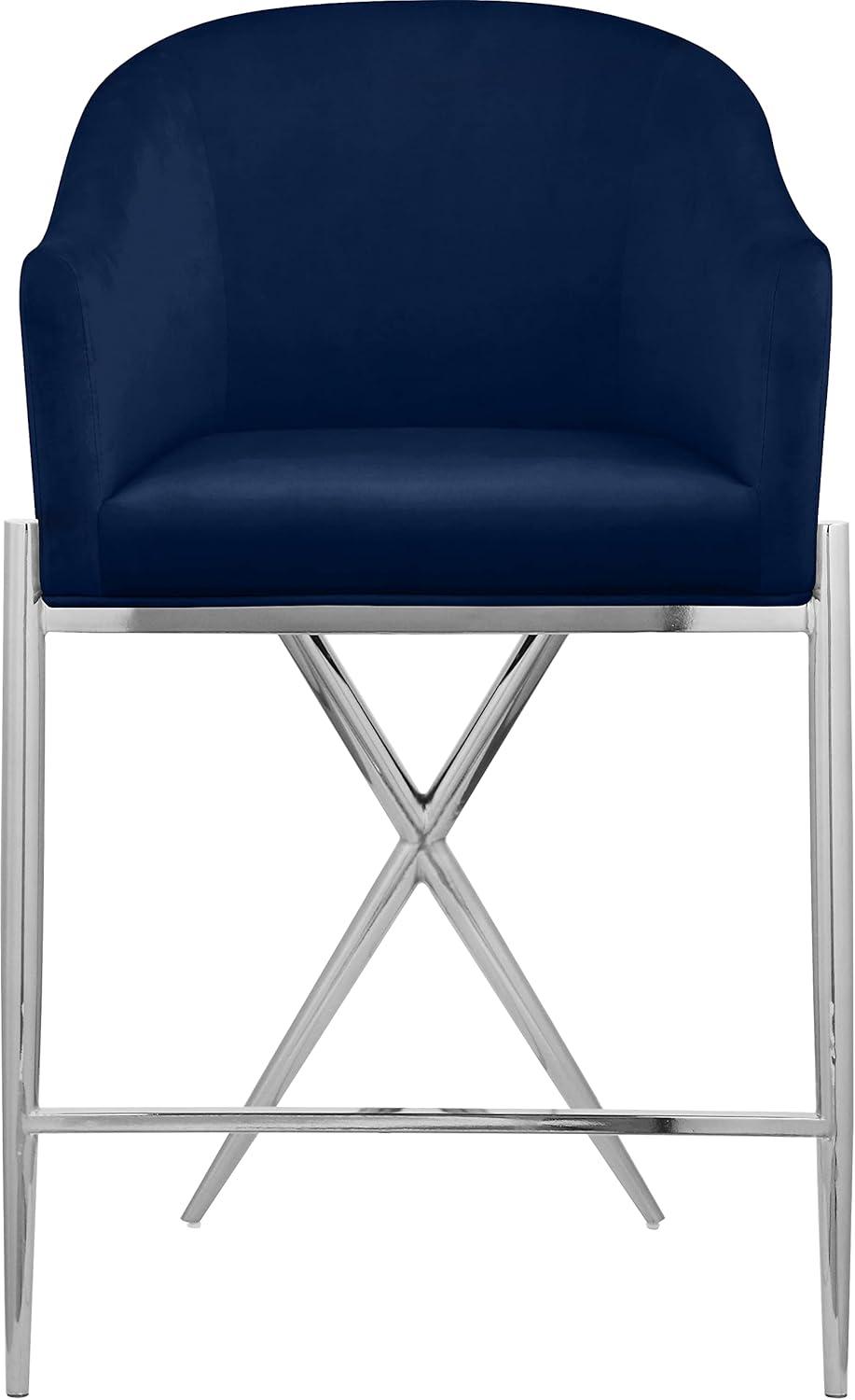 Xavier Navy Velvet Counter Stool with Chrome Metal Legs