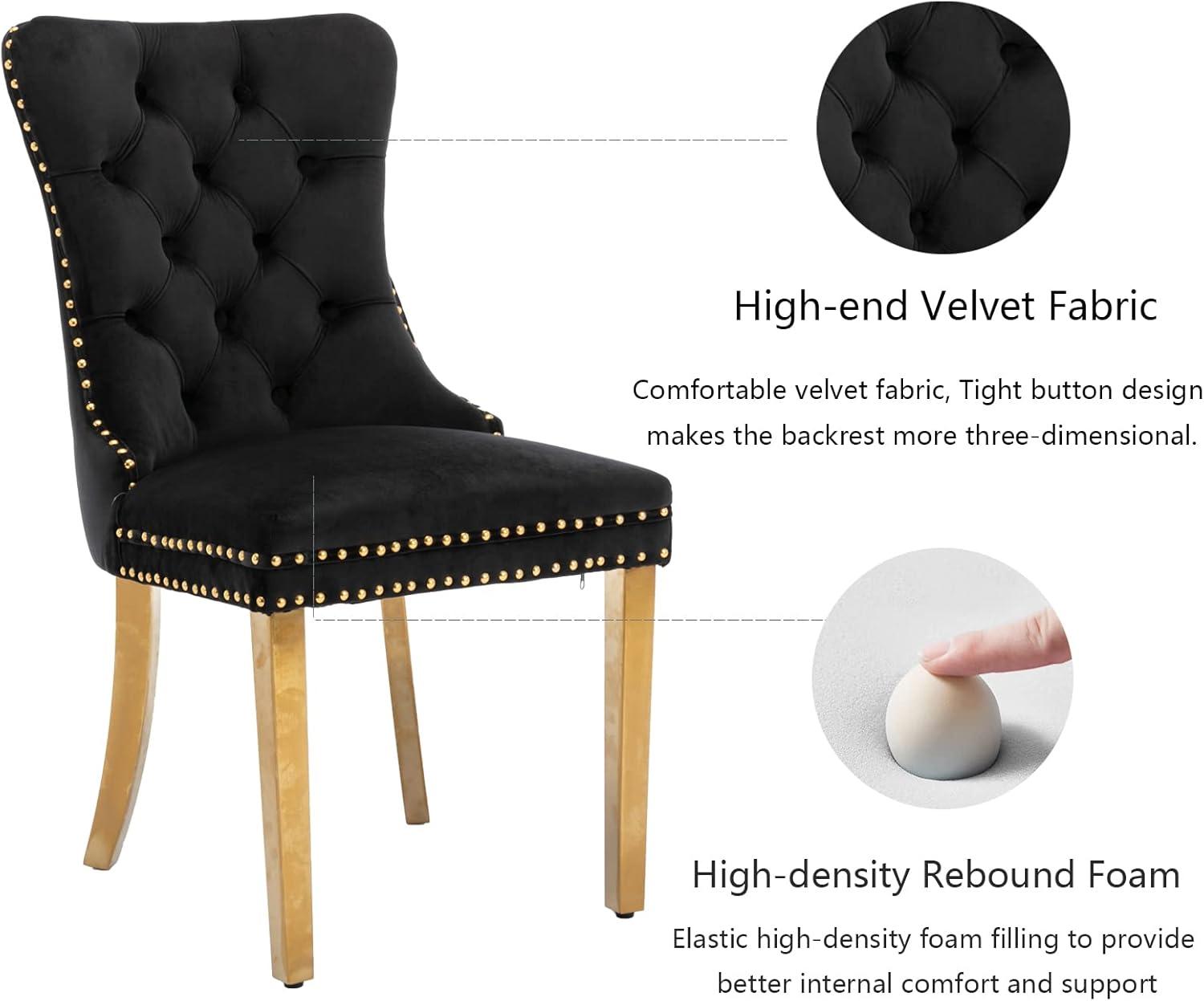 ODUSE-DAILY Black Velvet Dining Chairs Set of 4, Kitchen & Dining Room Chairs, Nailheads Tufted, Sillas De Comedor, Fabric Upholstered, Golden Metal Legs (Black, 4 Pcs)