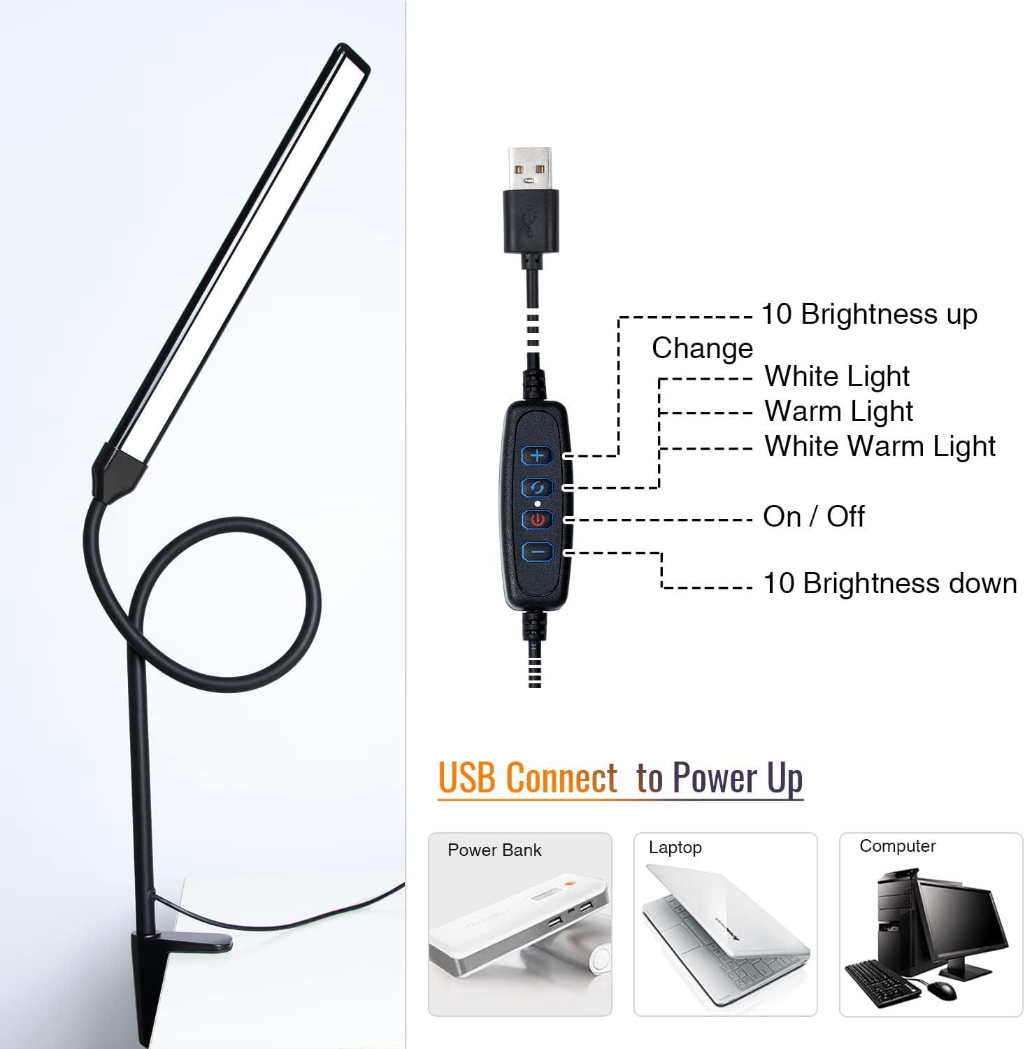 Black Adjustable LED Clip-on Desk Lamp with USB Cord