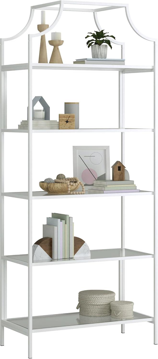 Sauder Anda Norr 5 Shelf Metal Framed Glass Bookcase, White Finish