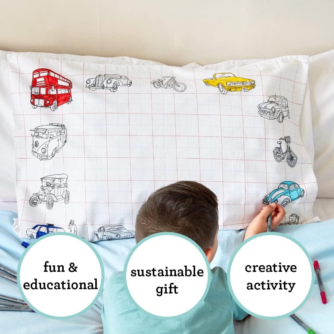 eatsleepdoodle Coloring Cotton Pillowcase with Washable Markers - Cars and Trucks Color in Activity Craft Kit for Boys and Girls Age 3+