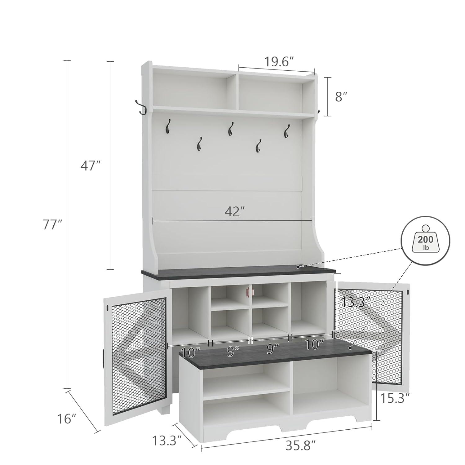 Hall Tree with Removable Bench and Shoe Storage, 77" H Entryway Coat Rack Freestanding with 9 Shoe Cubbies and 7 Coat Hooks, Farmhouse Wooden Style Mudroom Bench Storage Cabinet, White