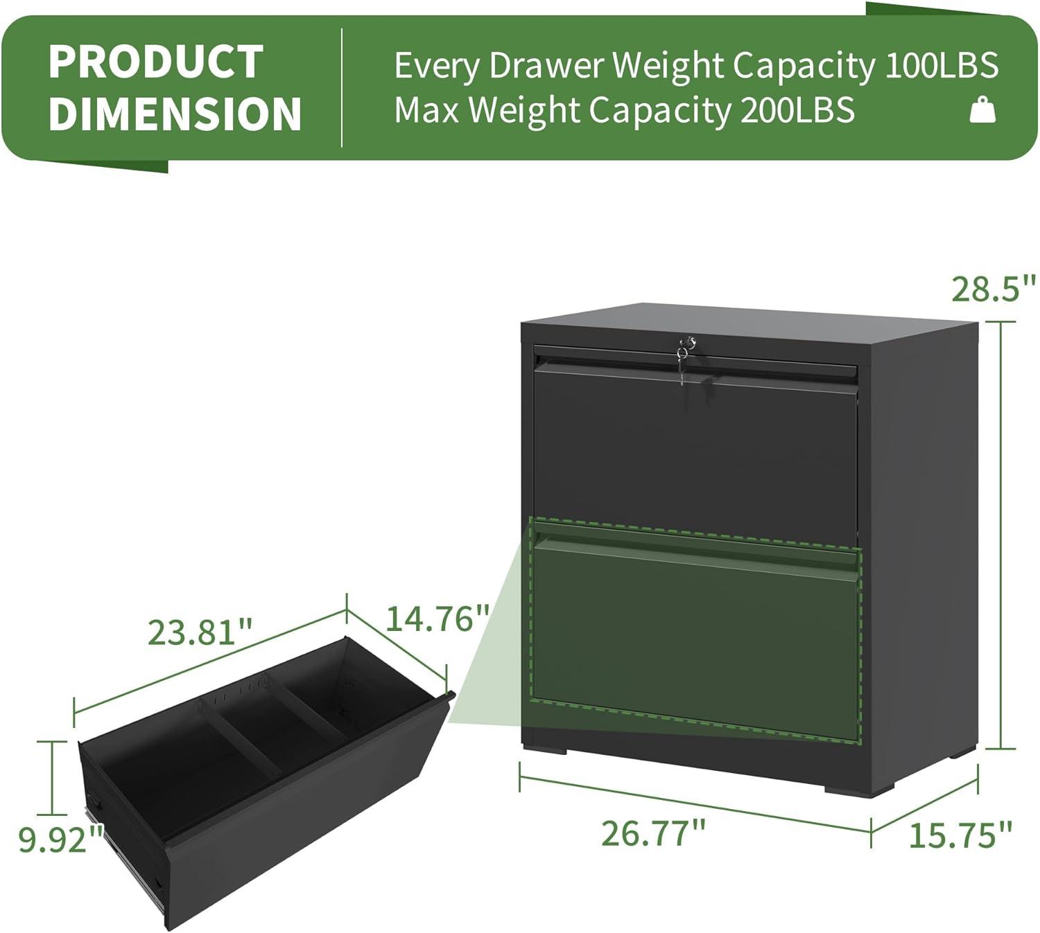 2 Drawer Metal Lateral File Cabinet with Lock, Filing Cabinet for Legal and Letter Size, Large Capacity Storage Cabinet for Home Office, Black
