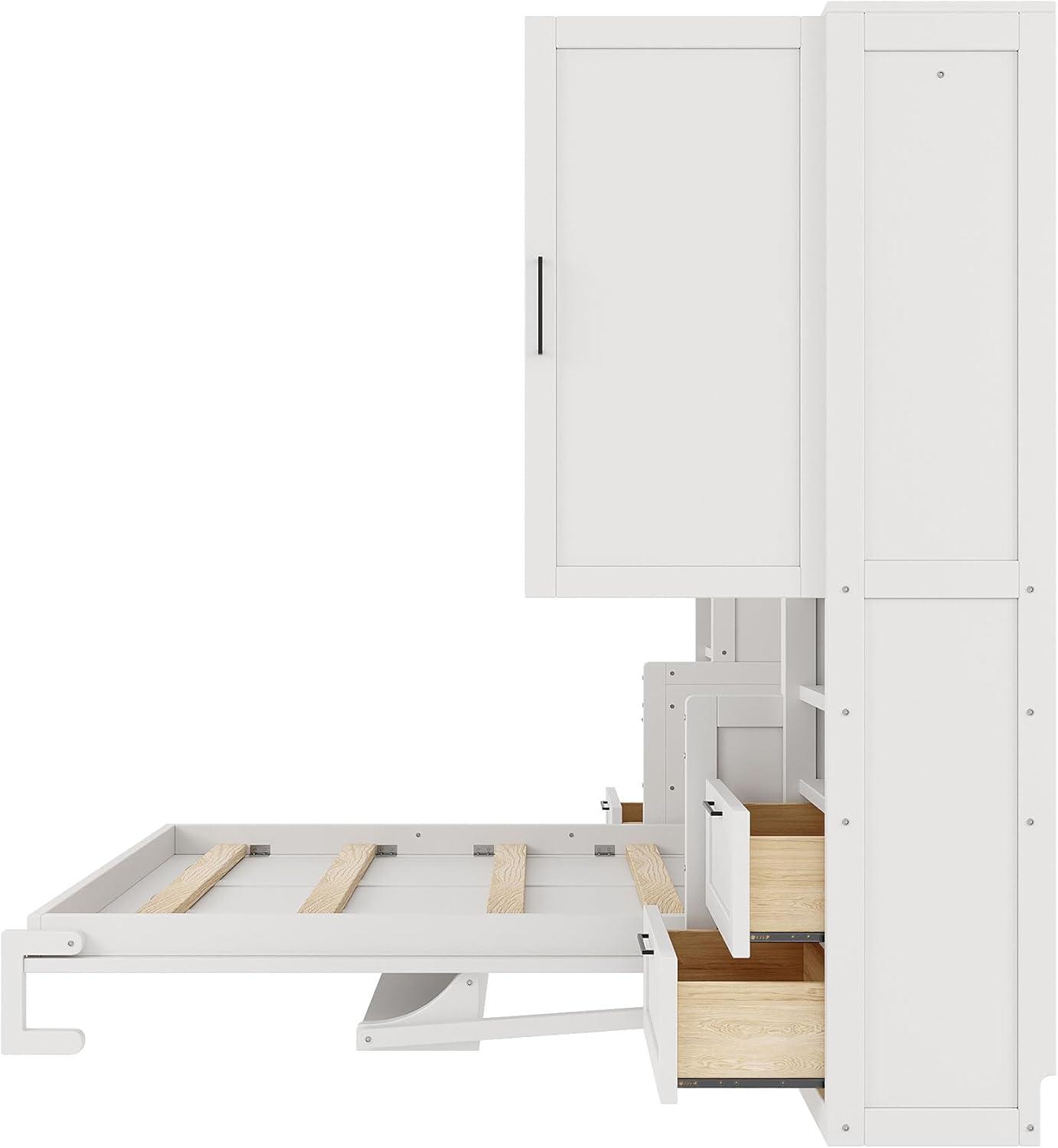 Harper & Bright Designs Queen Size Murphy Bed, Wooden Queen Wall Bed with Closet, Drawers and Shelves, White
