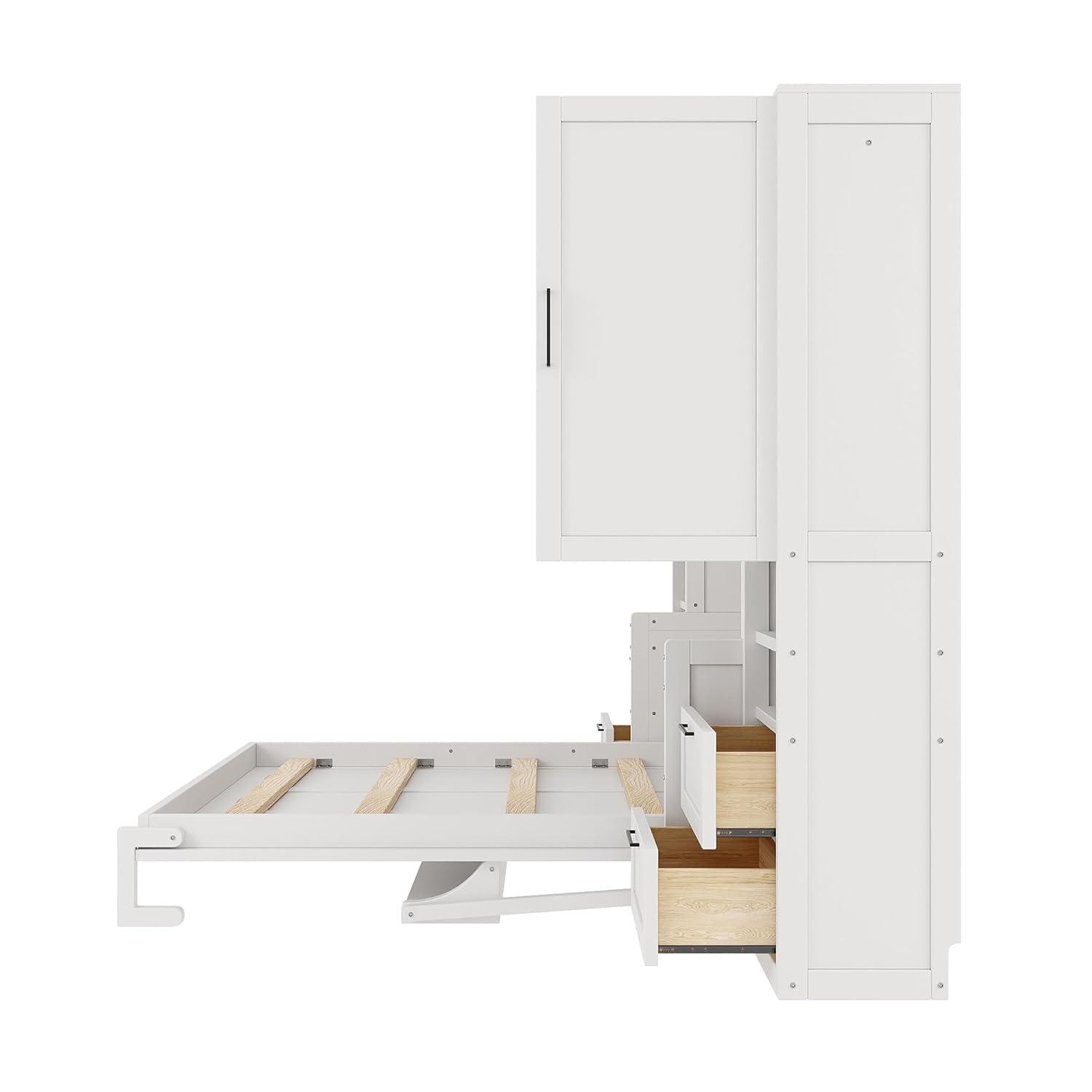 Harper & Bright Designs Queen Size Murphy Bed, Wooden Queen Wall Bed with Closet, Drawers and Shelves, White