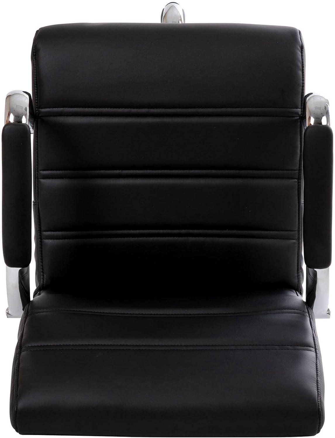 Mid-Back Black Leather Swivel Drafting Chair with Silver Frame