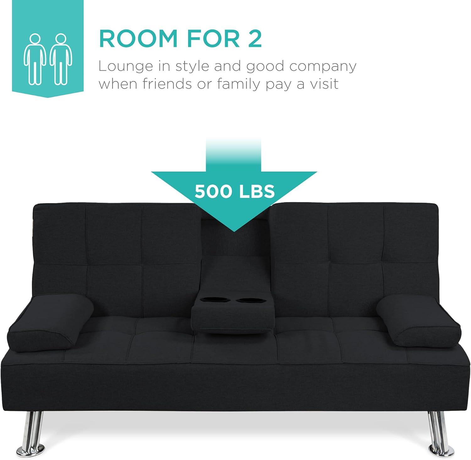 Best Choice Products Modern Linen Convertible Futon Sofa Bed w/ Removable Armrests, Metal Legs, Cupholders - Black