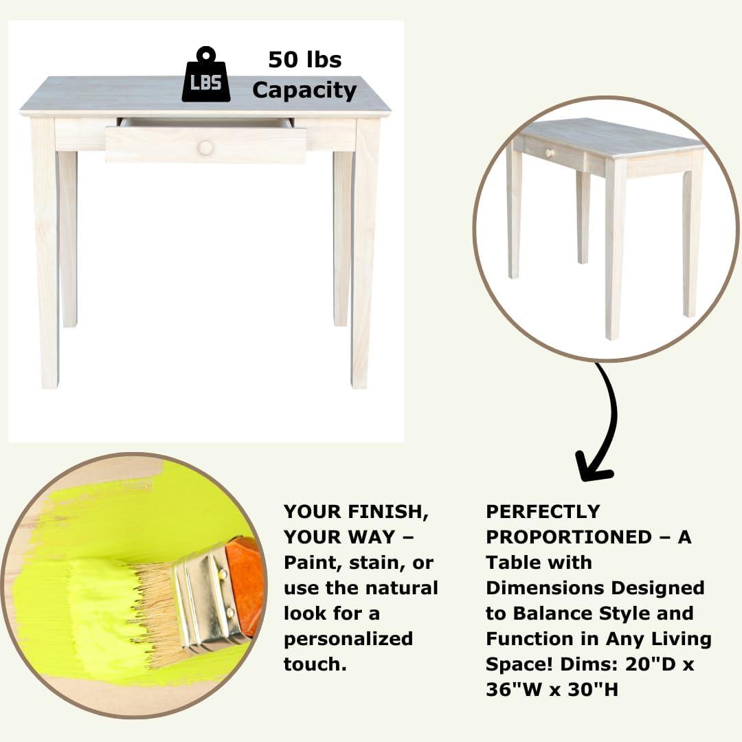 Solid Wood Writing Table Unfinished - International Concepts: 30"H, Hardwood, Narrow Design, 36" Width, Space Saver