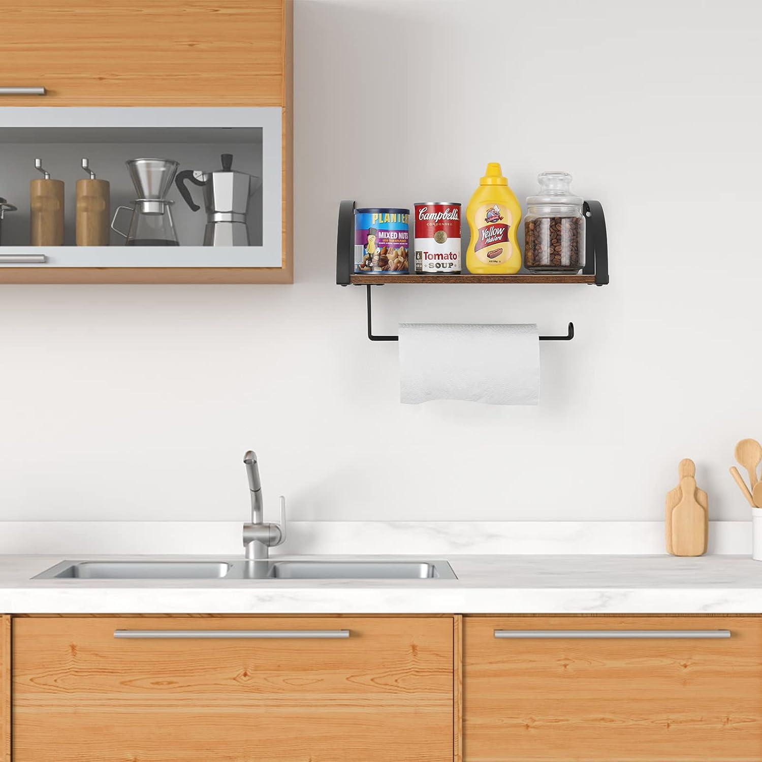 Paper Towel Holder with Shelf Storage, Wall Mount 2-in-1 Kitchen Paper Roll Towel Holder Rustic Farmhouse Under Cabinet Spice Rack for Kitchen Pantry Bathroom Organizer Storage