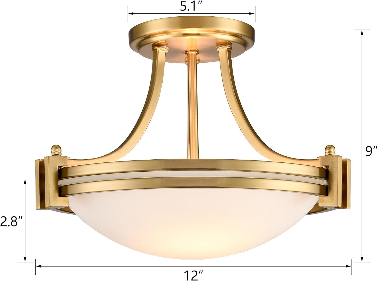 Modern Gold Semi Flush Mount 2-Light Milk Glass Ceiling Light Fixture