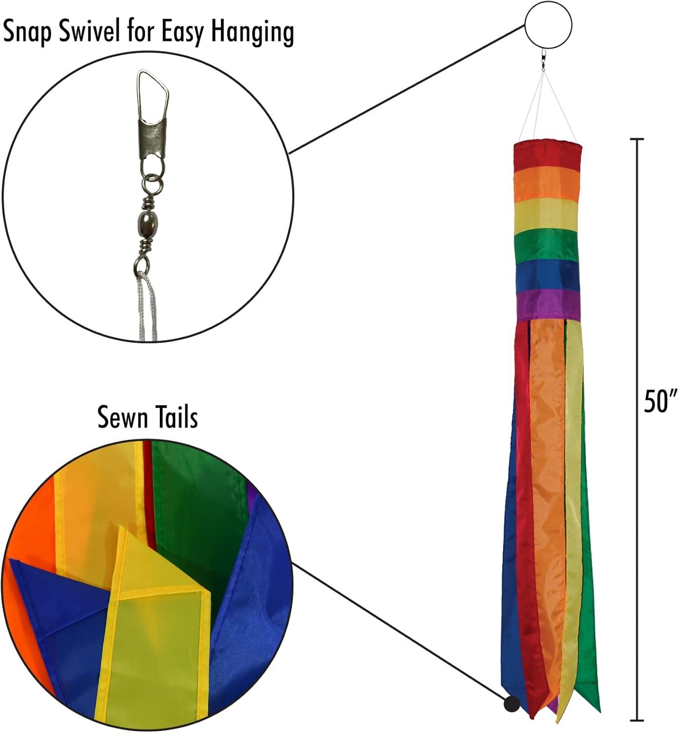 Rainbow 50-Inch Polyester Windsock with Colorful Tails