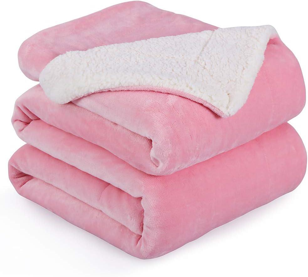 Queen Pink Reversible Sherpa Fleece Throw Blanket