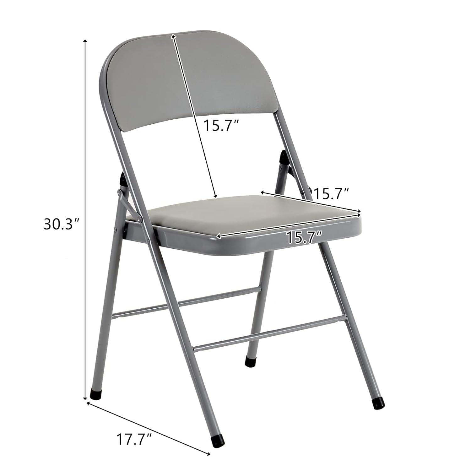 Folding Chairs with Padded Cushion and Back, 4pcs Potable Iron & PVC Durable Chairs for Indoor and Outdoor, School, Office and Garden Party, Gray