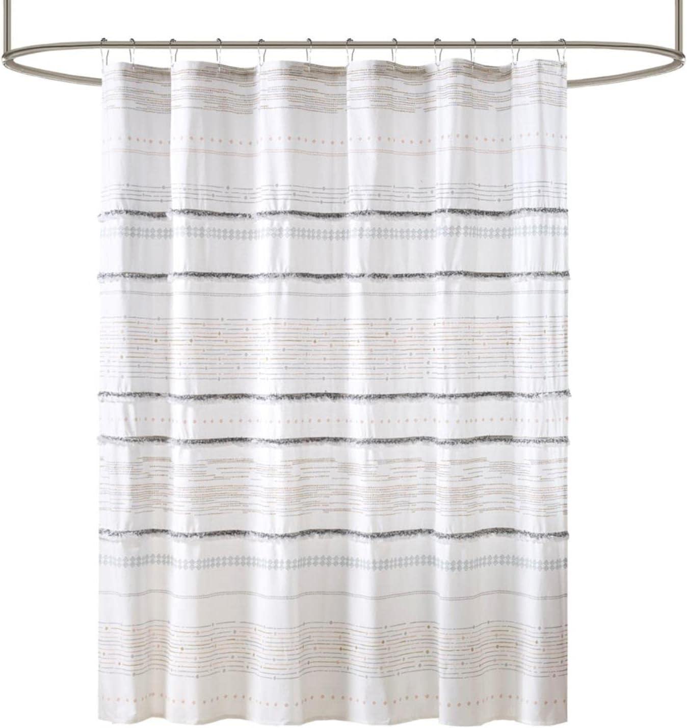 Nea Off White and Gray Cotton Boho Shower Curtain with Tassels