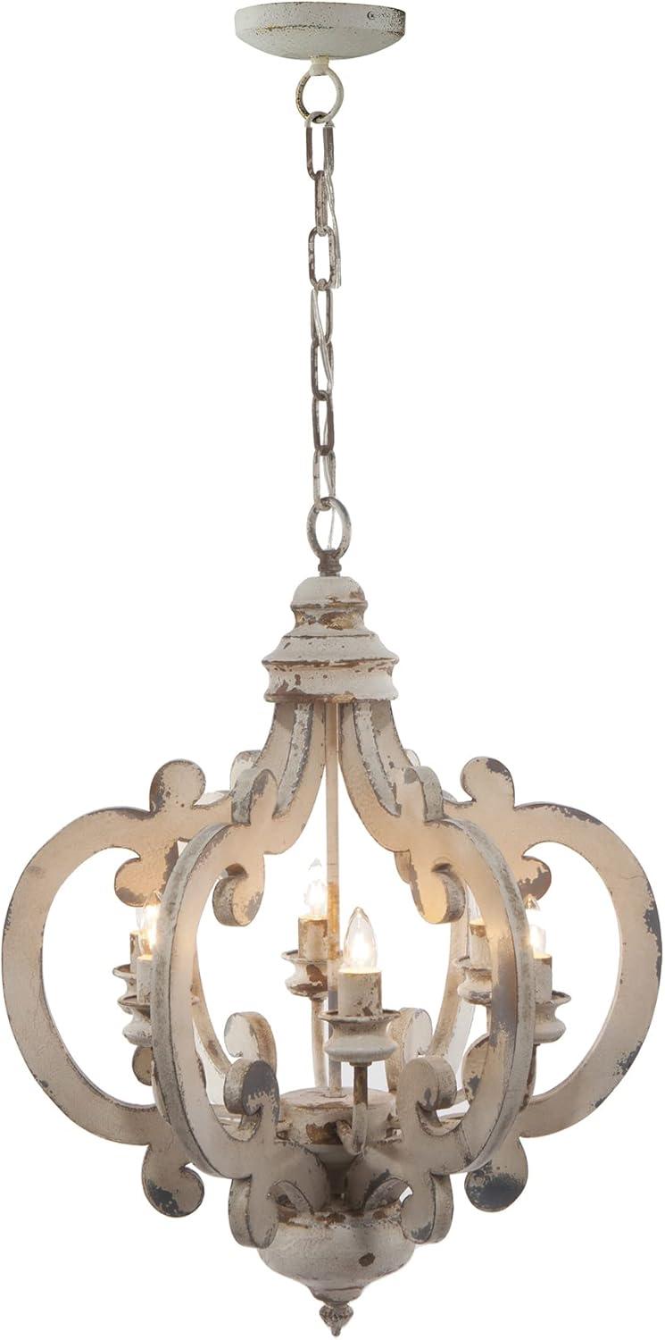 Antique White Washed Fir Wood and Iron 6-Light Chandelier