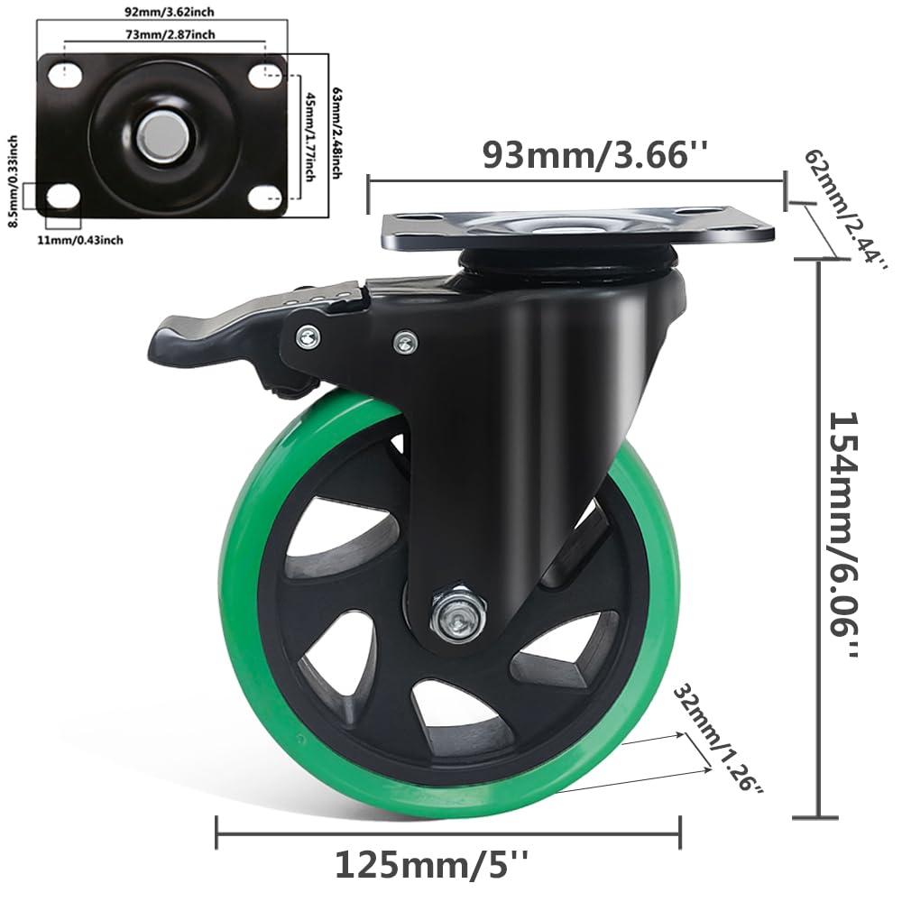 5 Inch Green Polyurethane Heavy Duty Swivel Caster Wheels Set