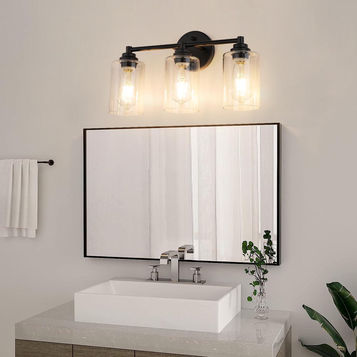 3-Light Bathroom Light Fixtures Bathroom Vanity Lights with Clear Glass Shades Matte Black Bathroom Light Fixtures over mirror for Mirror Living Room Cabinet Bedroom Porch