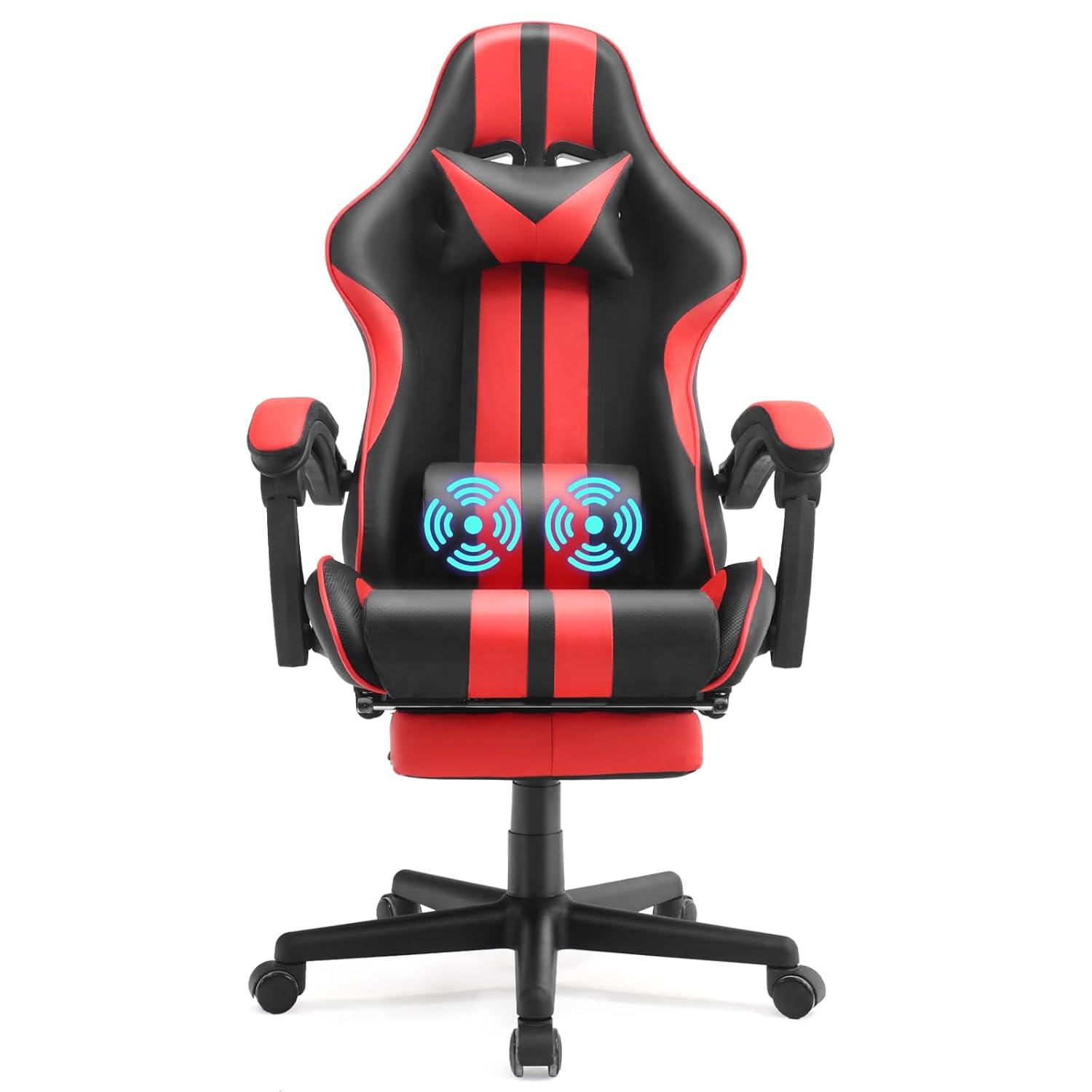 SOONTRANS Gaming Chair Massage Office Chair with Footrest, Ergonomic Swivel Gamer Chair with Lumbar Pillow & Headrest, Red