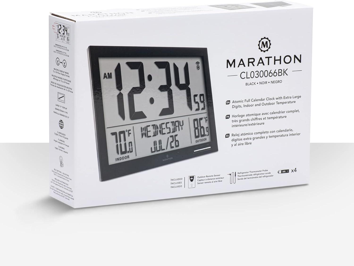 Marathon Atomic Full Calendar Large Digits Digital Clock Indoor And Outdoor Temperature