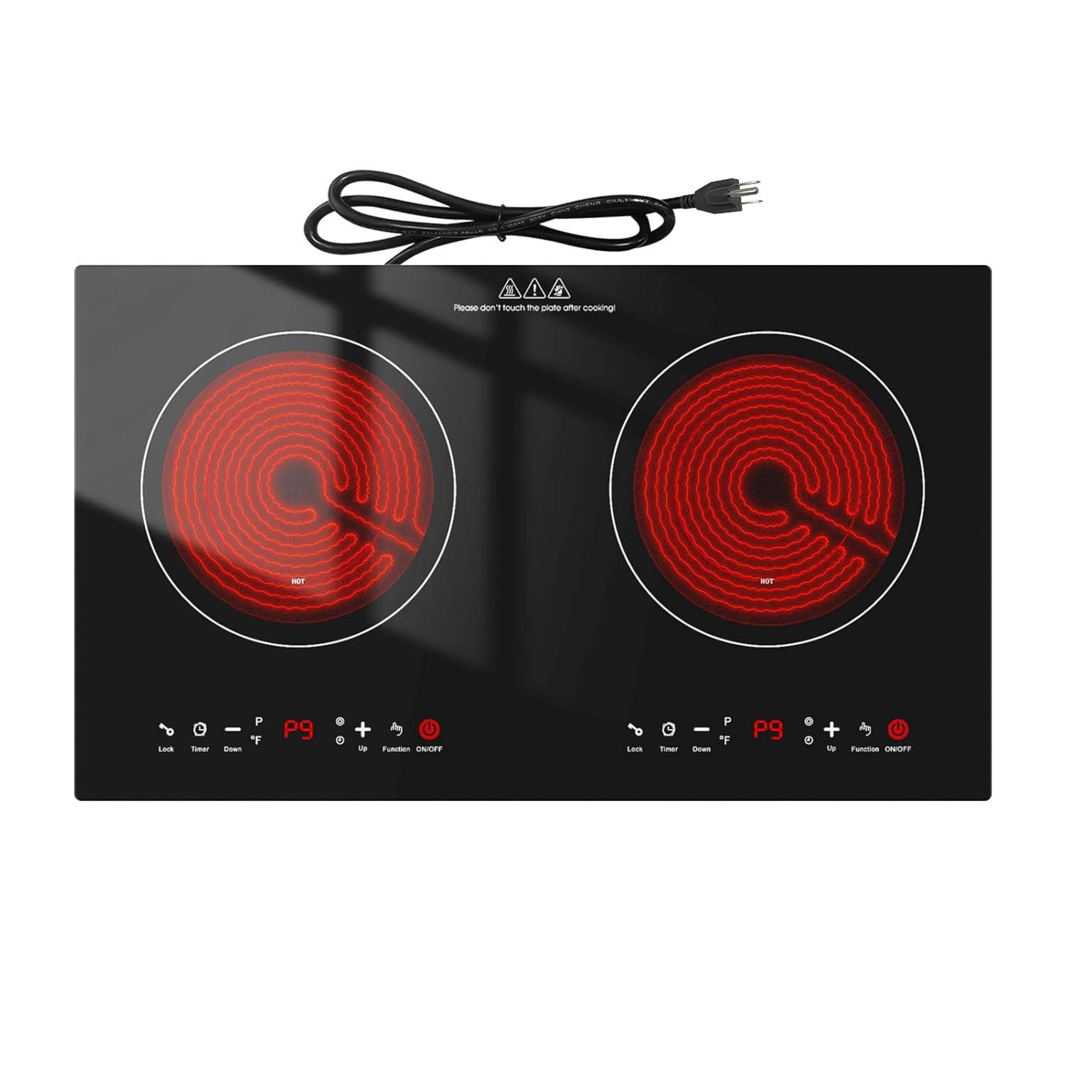 2400w Electric Cooktop, 24" Electric Stove 2 Burner Hot Plate Built-in Double Burner Cooktop with LED Touch Screen,9 Heating 9 Temperature,Kids Lock & Timer,Suitable for all Pans