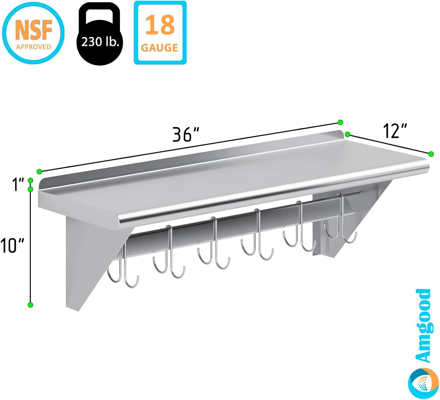 12" x 36" Stainless Steel Wall Mounted Pot Rack with Shelf and Hooks