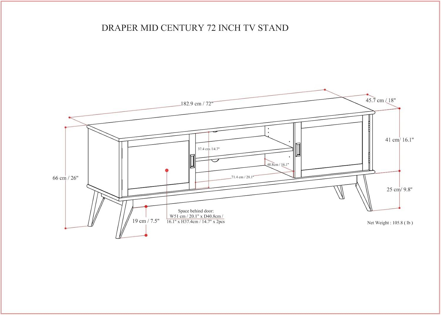 Simpli Home Draper 72"W Solid Hardwood Mid-Century Modern TV Stand for TVs up to 80" with Adjustable Shelves