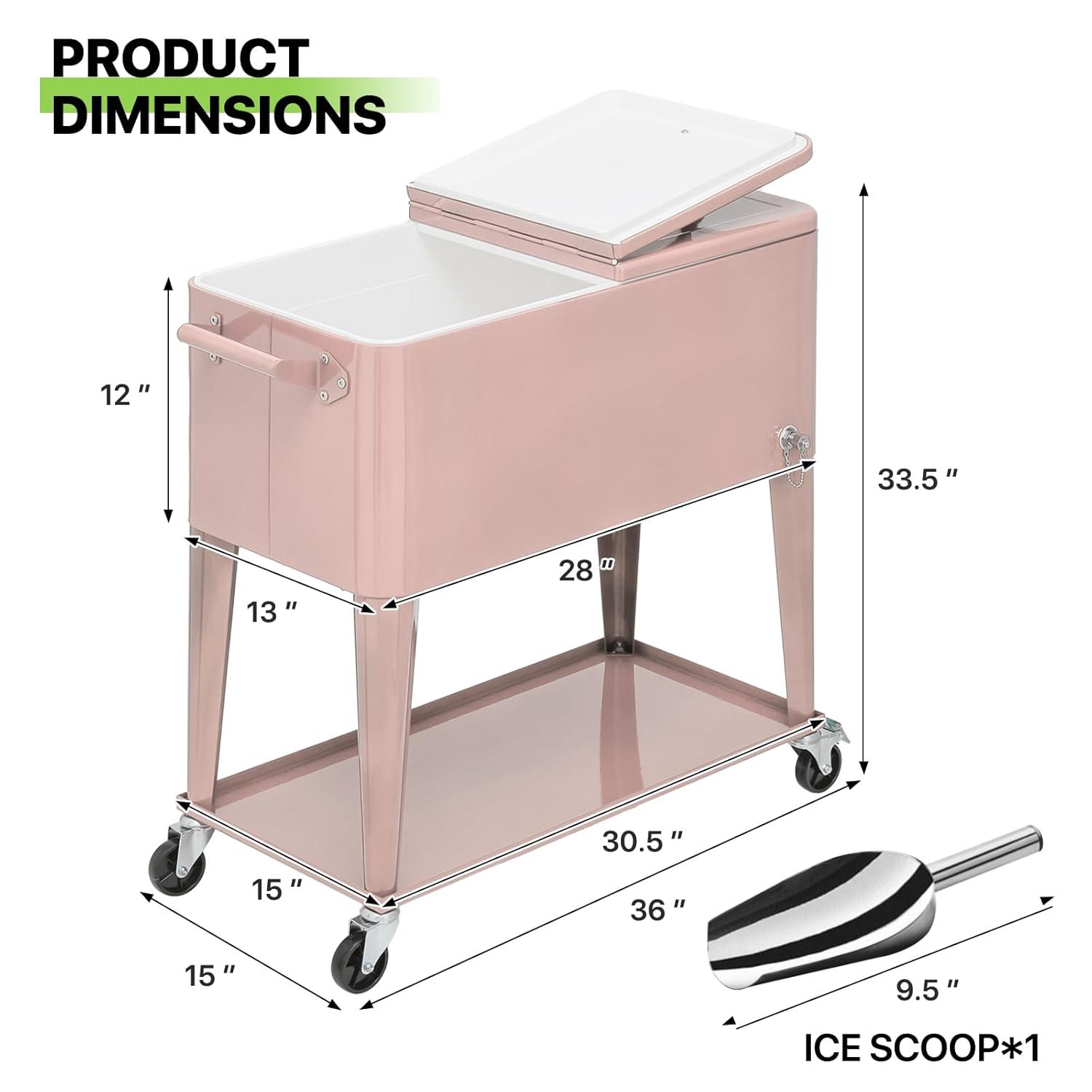 Bring Home Furniture Outdoor 80 Qt Rolling Cooler Cart, with Bottle Opener + Storage Shelf Camping Beverage Ice Chest