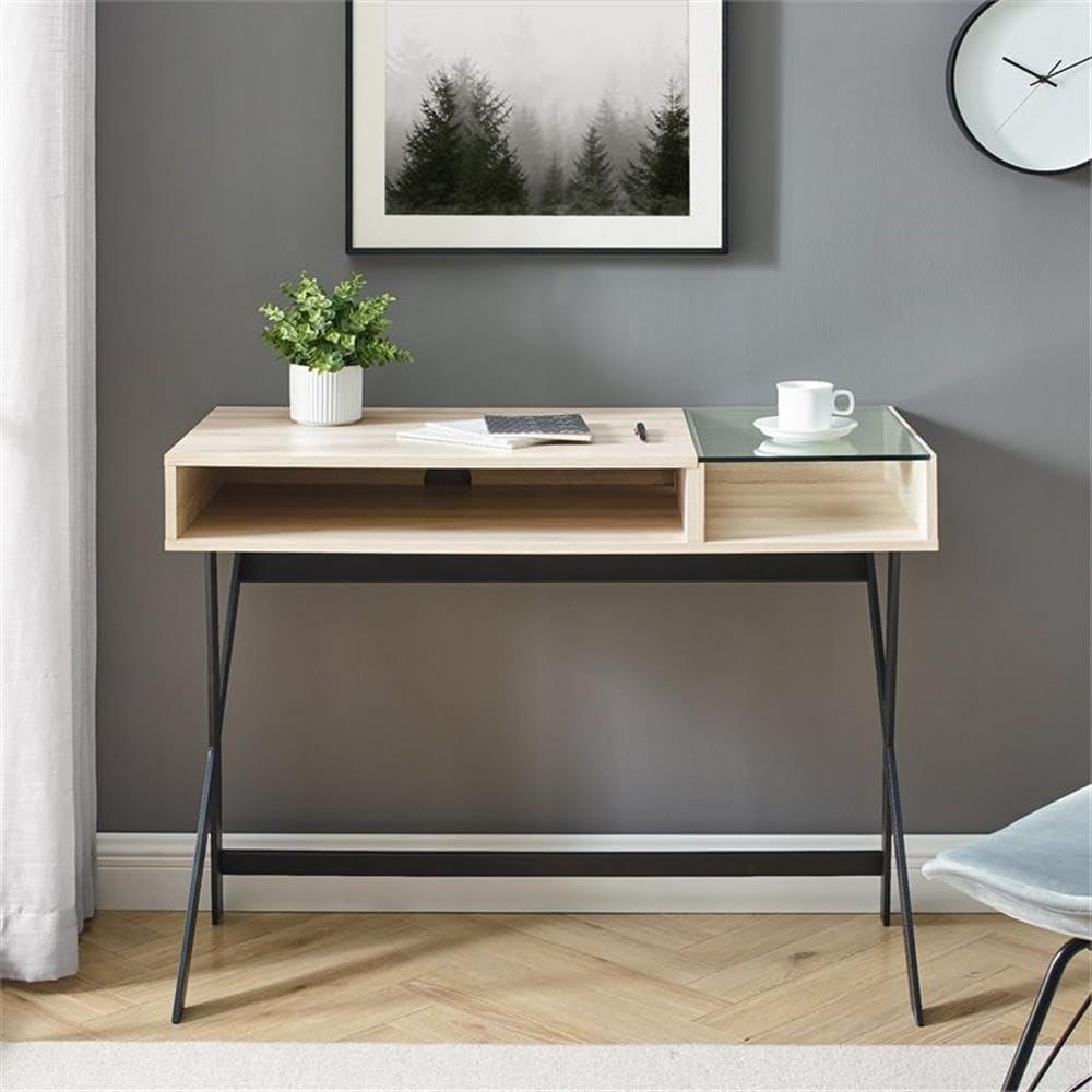 Birch and Glass X-Leg Writing Desk with Open Storage