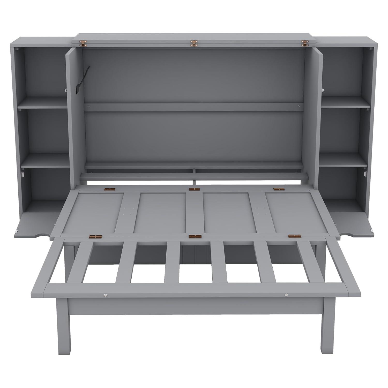 Full Size Murphy Wall Bed With Storage and Bookcase Headboard, Solid Wood Cabinets With Shelves, Drawers and USB Ports, Multi-Function Platform for Home Office, Guest Room - Gray