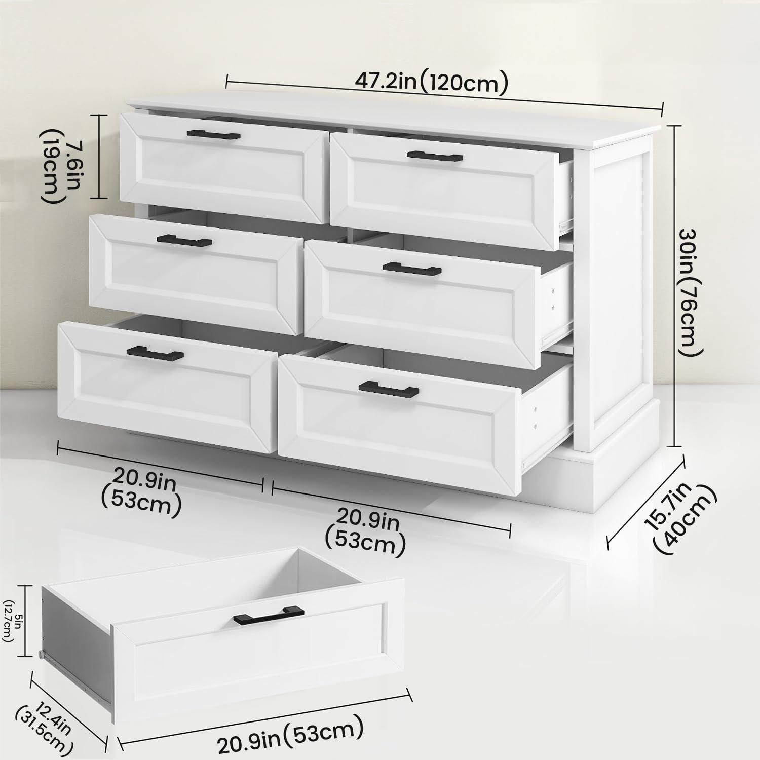 White 6 Drawer Dresser for Bedroom, Modern Chest of Drawers with Deep Drawers, Wood Double Dresser for Storage Clothes