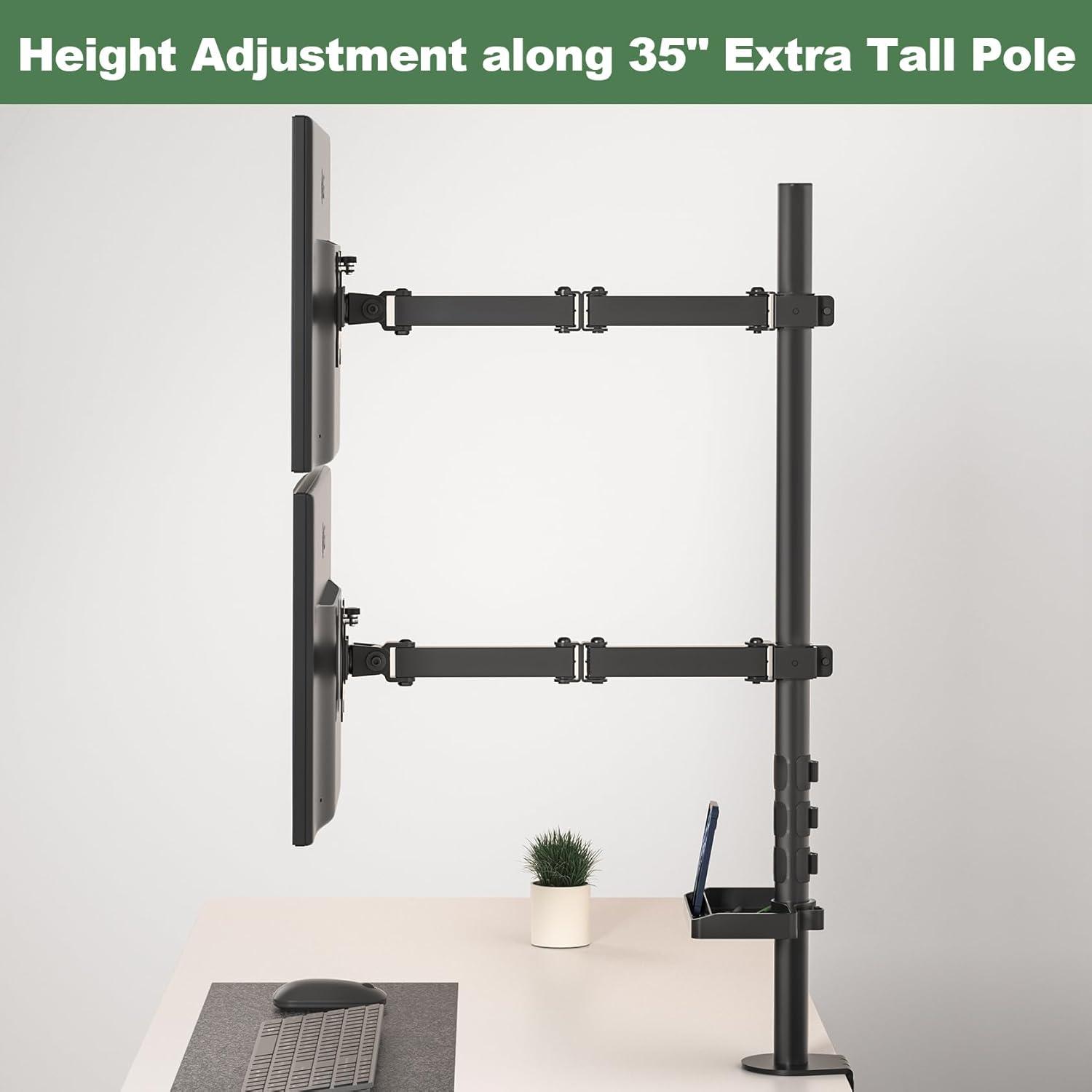 Dual Vertical Monitor Mount with Storage Tray and Adjustable Arms