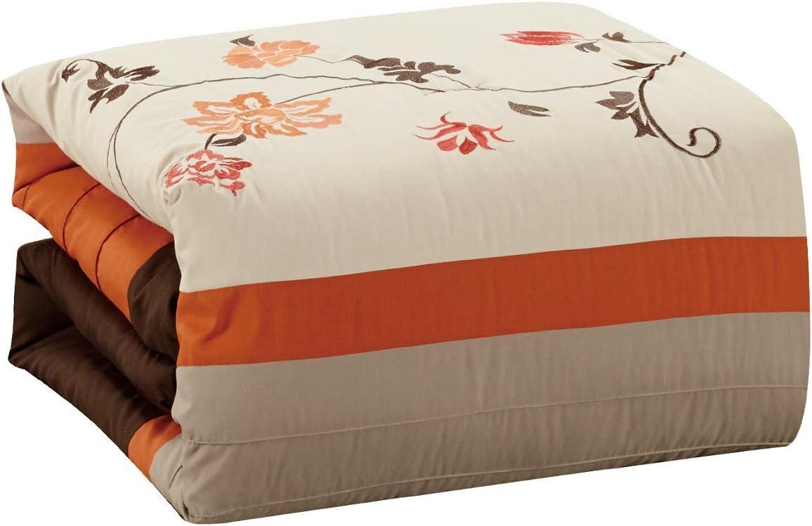 Serene 7-Piece Luxury Autumn Floral Embroidery Comforter Set, California King, Orange/Brown/Taupe