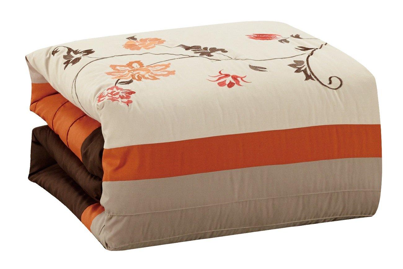 Serene 7-Piece Luxury Autumn Floral Embroidery Comforter Set, California King, Orange/Brown/Taupe