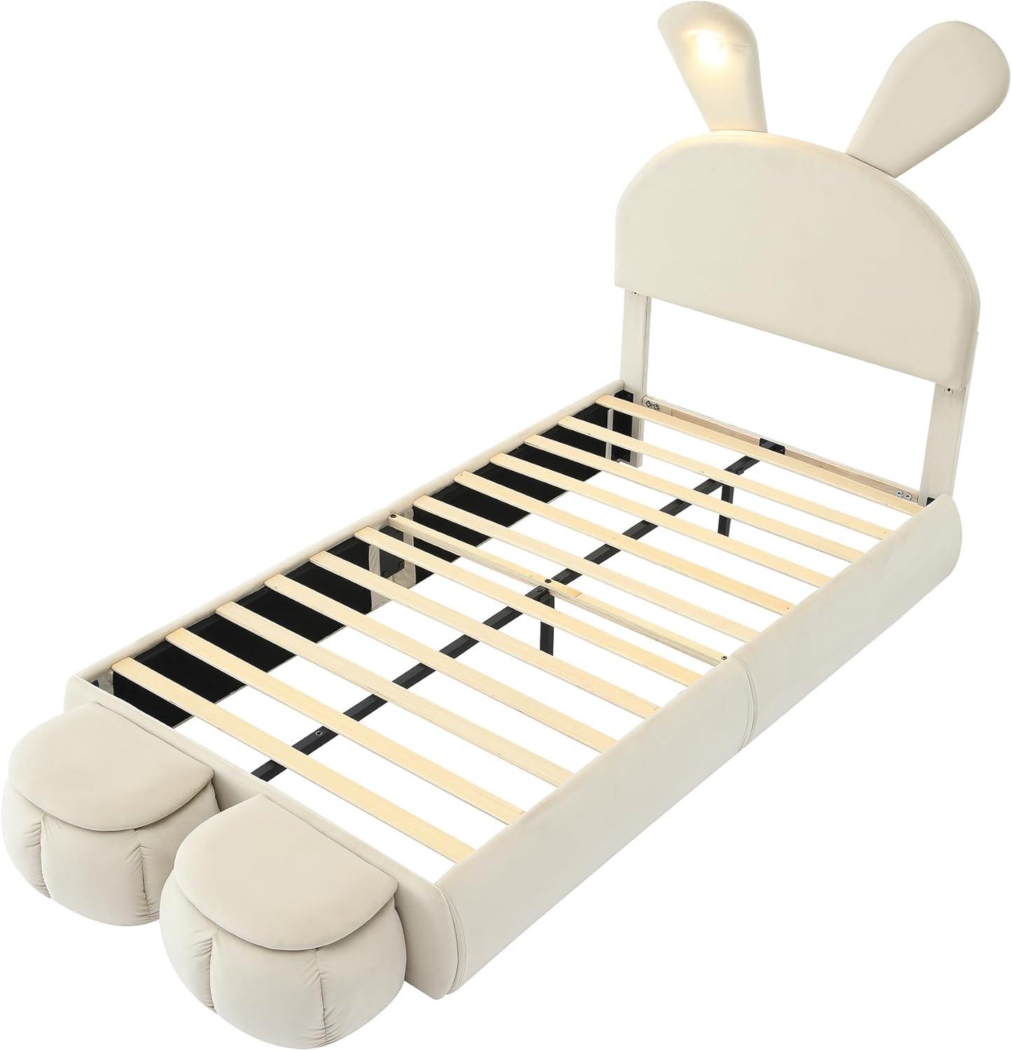 Sesslife Twin Bed Frame for teens, Upholstered Bed Frame with 2 Storage Stools and LED Light, Cute Bed Frame with Rabbit-Ears Shaped Headboard, Cartoon Twin Bed Frame, No Box Spring Needed, Beige