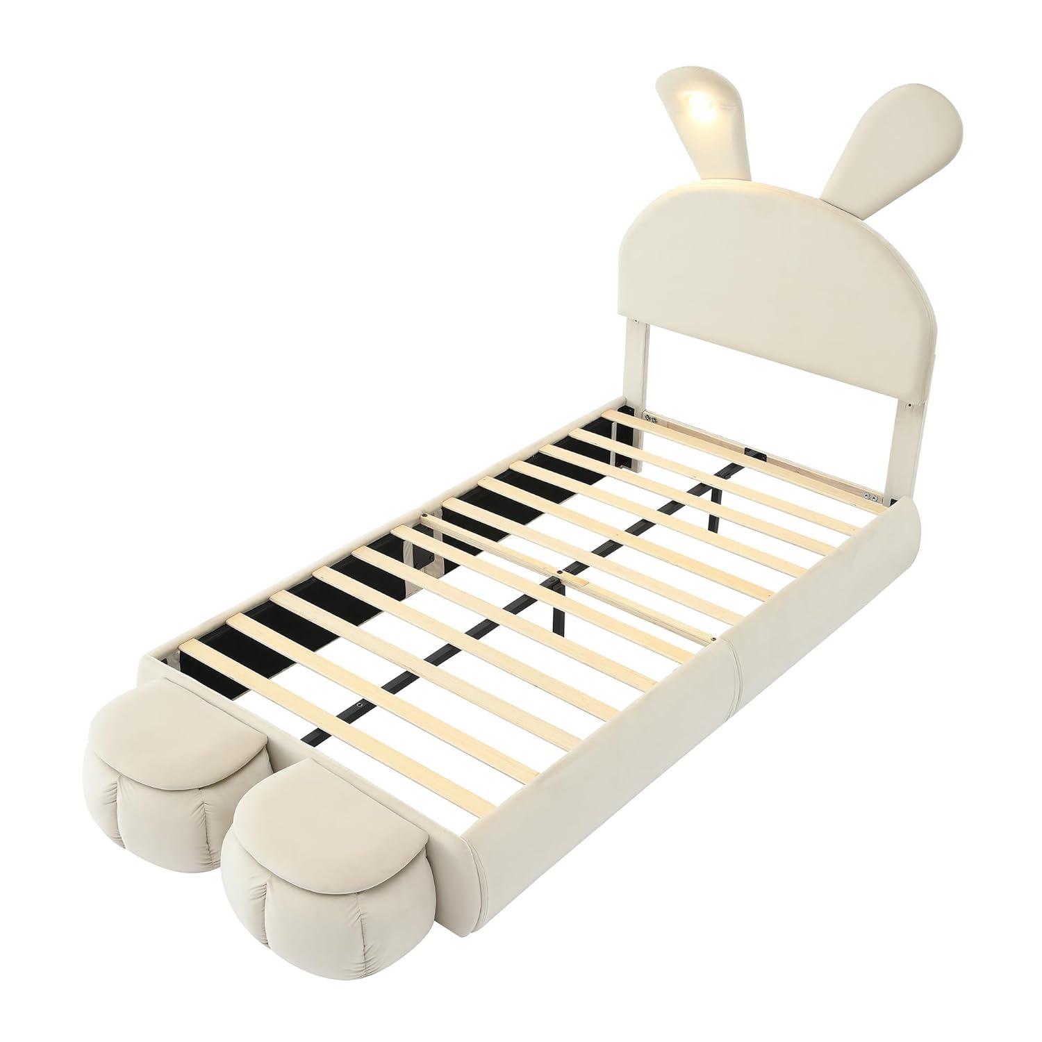 Sesslife Twin Bed Frame for teens, Upholstered Bed Frame with 2 Storage Stools and LED Light, Cute Bed Frame with Rabbit-Ears Shaped Headboard, Cartoon Twin Bed Frame, No Box Spring Needed, Beige