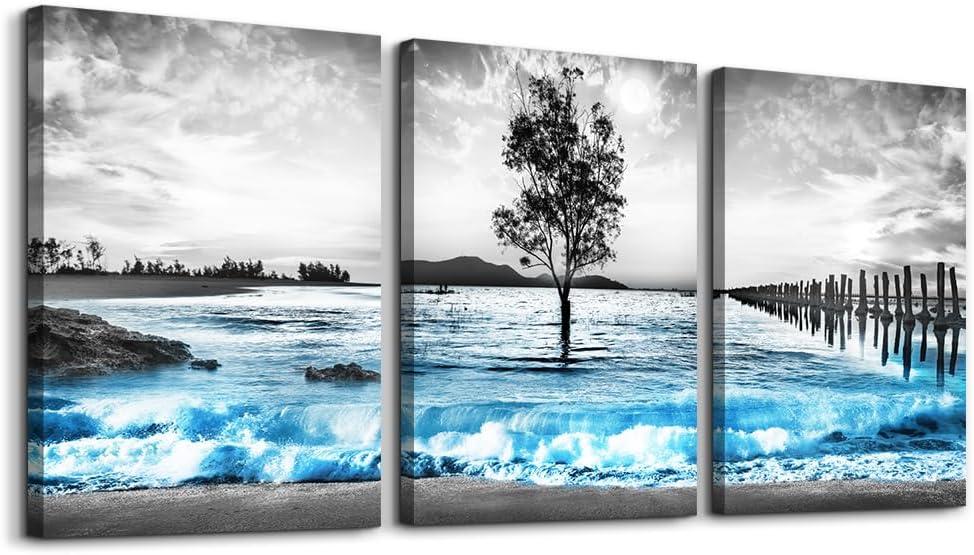 Wall Decorations For Living Room 3 Piece Framed Canvas Wall Art For Bedroom Office Wall Decor Black And White Wall Painting Blue Ocean Sea Wave Pictures Artwork For Modern Beach Posters Home Decor