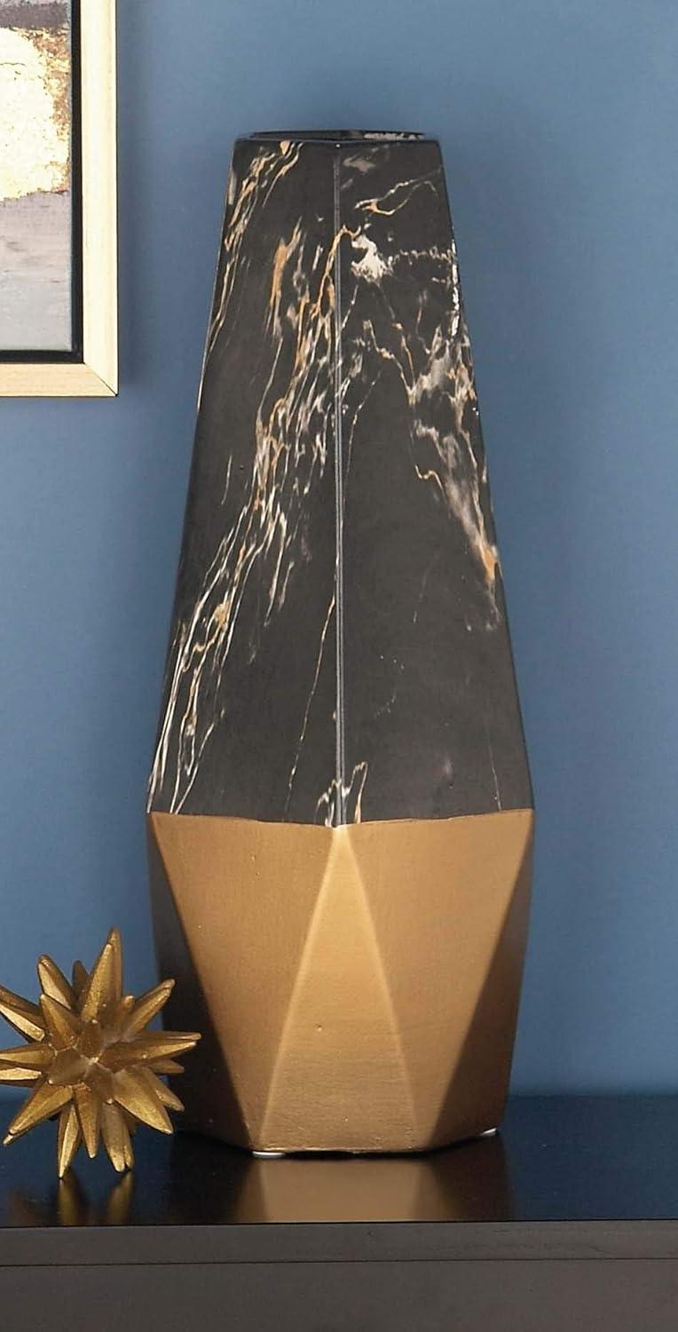 Mercer41 Bhavya Ceramic Faux Marble Decorative Dark Gray Vase with Gold Base