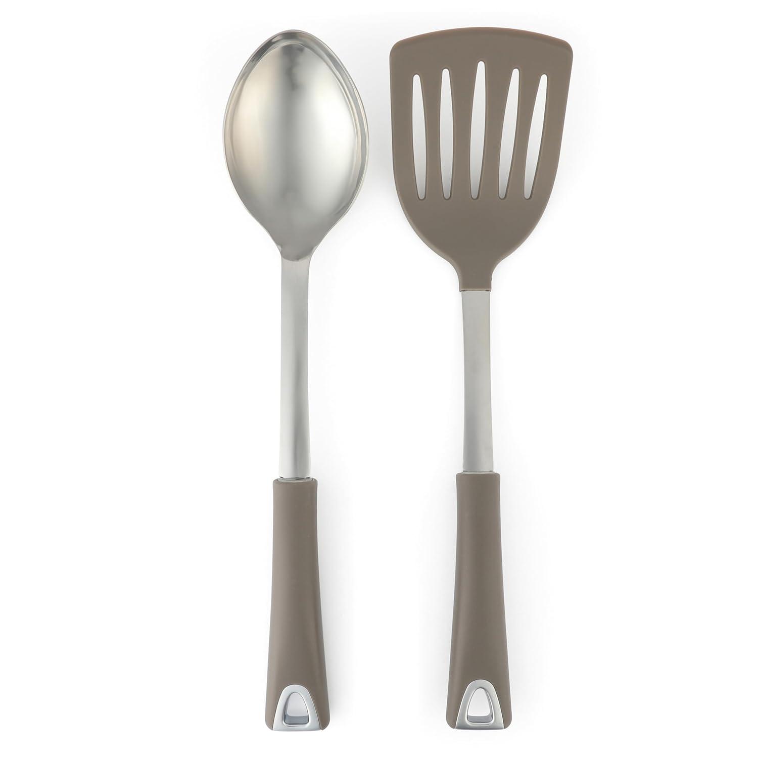 Linen White Ceramic Crock with Grey Kitchen Tools Set