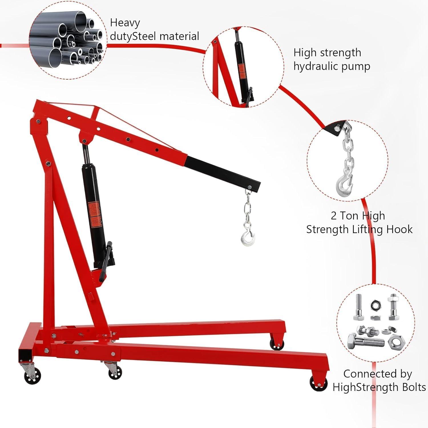 2 Ton Folding Engine Crane Engine Hoist Cherry Picker Ship Crane Heavy Duty Steel Lift Garage Workshop Auto Repair Foldable Stand 6 Caster