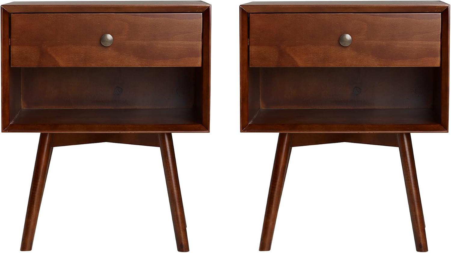 Walker Edison 2-Piece Mid-Century Solid Pine Wood Bedroom Nightstand in Walnut