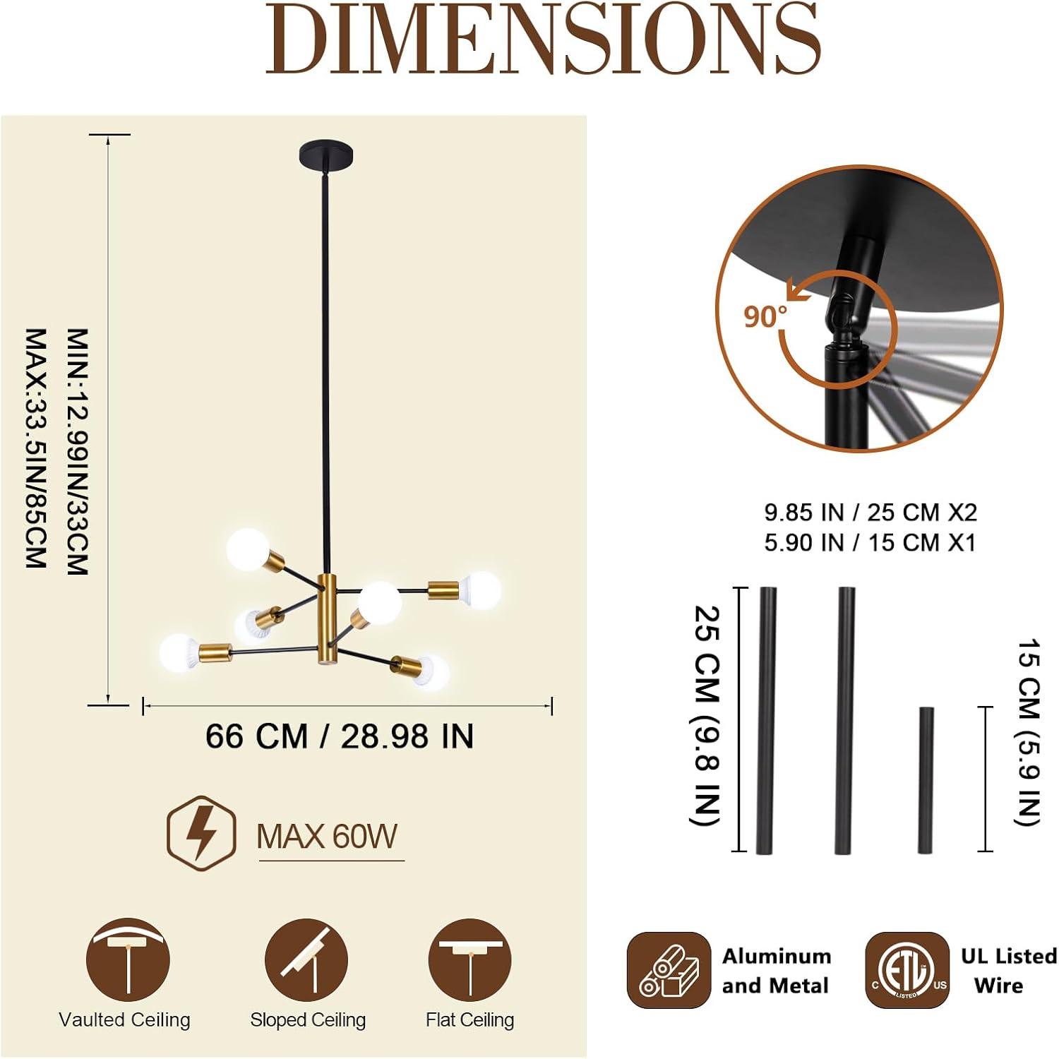 Black and Gold Modern Sputnik Chandelier Ceiling Light Fixtures, 6-Lights Mid Century Industrial Metal Semi Flush Mount Lamp for Bedroom Dining Room Living Room Kitchen Hallway Office