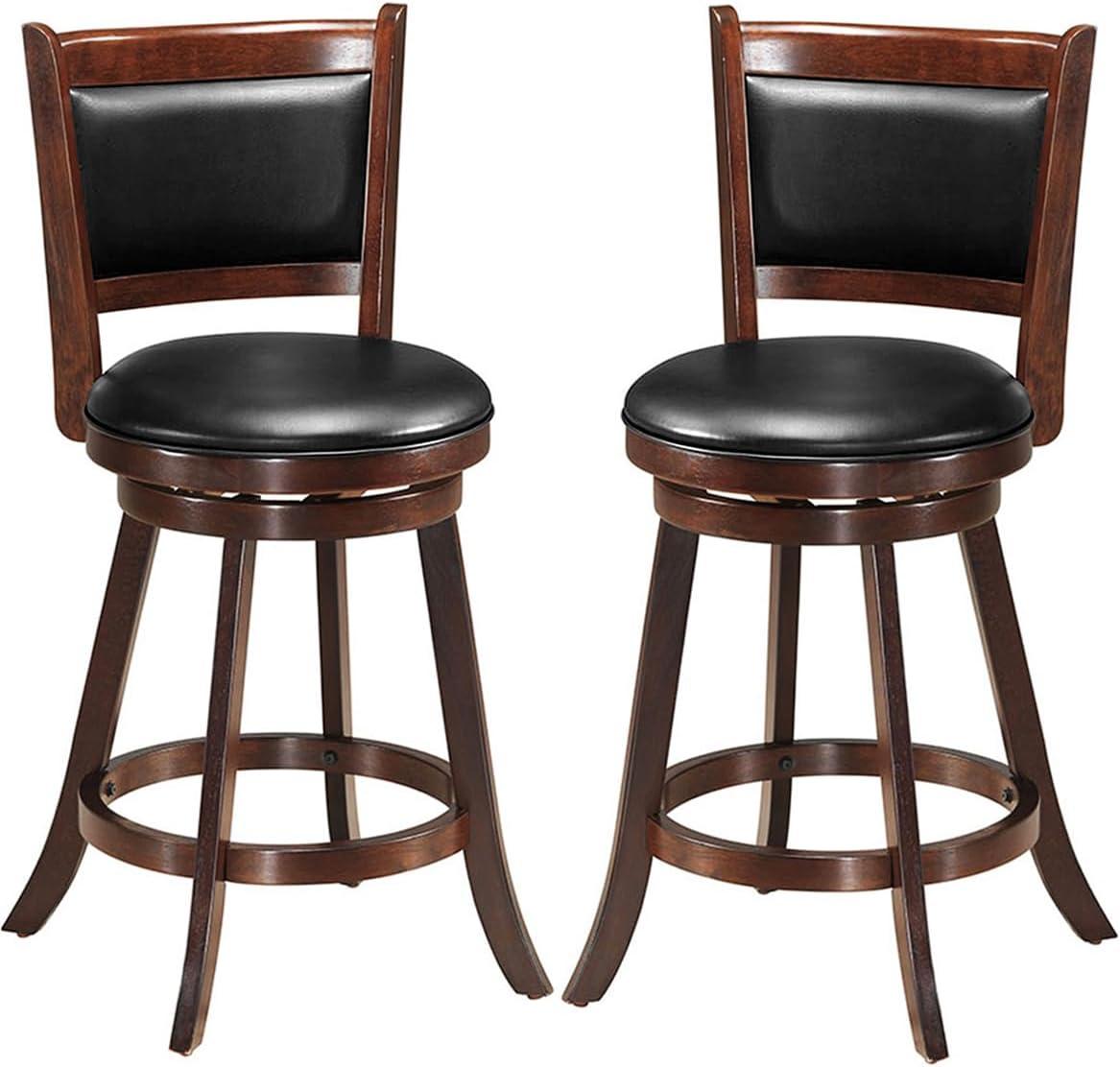 Bar Stools Set of 2, 360 Degree Swivel, Accent Wooden Swivel Seat Counter Height Bar Stool, Leather Upholstered Design, PVC Cushioned Seat, Perfect for Dining and Living Room (Height 24")