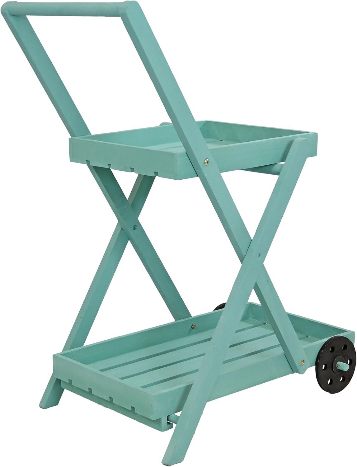 Sunnydaze 2-Tier Fir Wheeled Planter Stand - 34” H - Robin Egg Blue