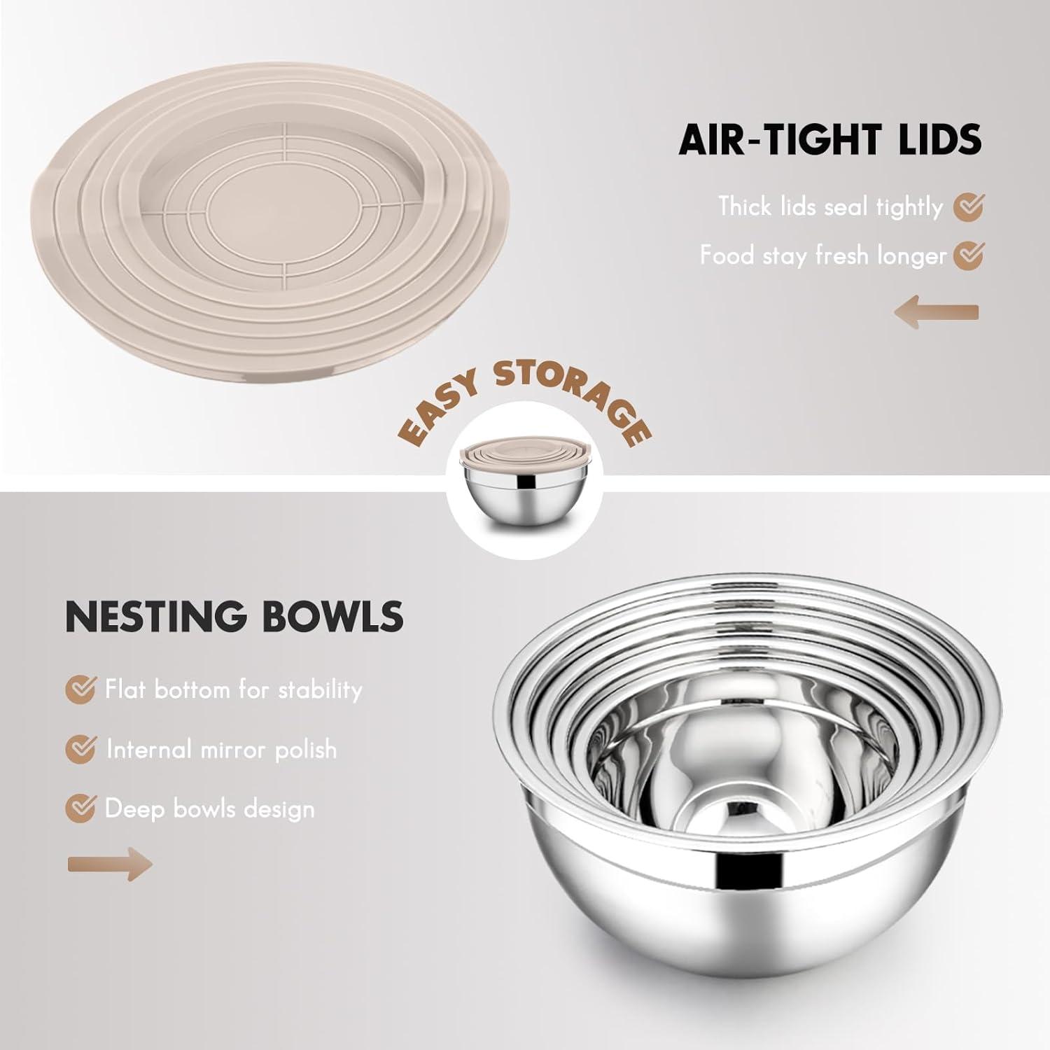Toledo Bath & Kitchen Stainless Steel Mixing Bowls With Lids, 5-Pack Metal Nesting Bowls With Airtight Covers For Cooking, Baking, Serving, Storage, Non-Toxic & Dishwasher Safe, Size 4.6/3/1.5/1/0.7QT - Khaki