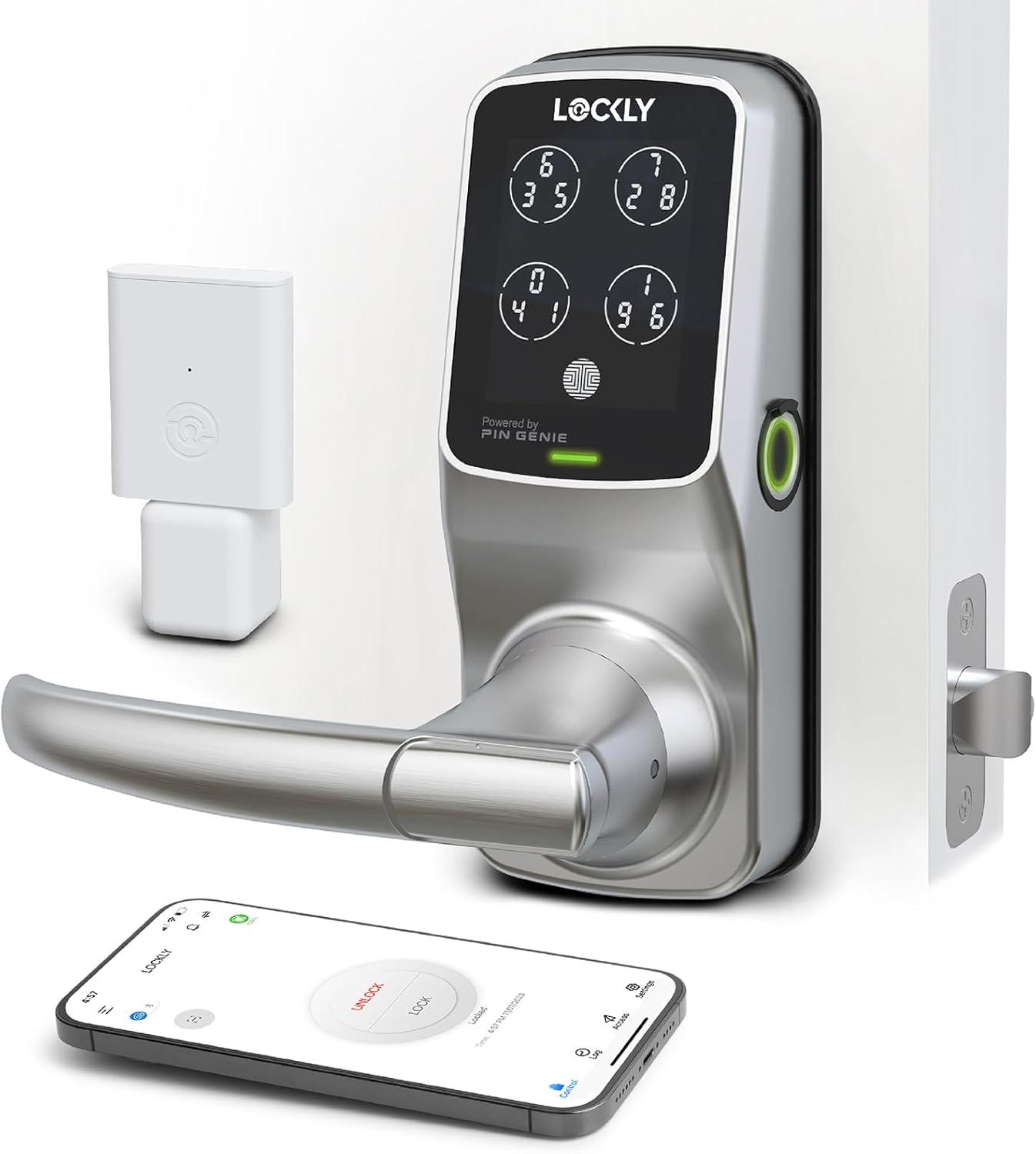 Lockly Secure Plus Bluetooth Smart Door Lock, Keyless Entry with PIN Genie® Digital Keypad, 3D Biometric Fingerprint Sensor Front Door Lock with Handle, Voice Control & Auto Lock - Latch Edition