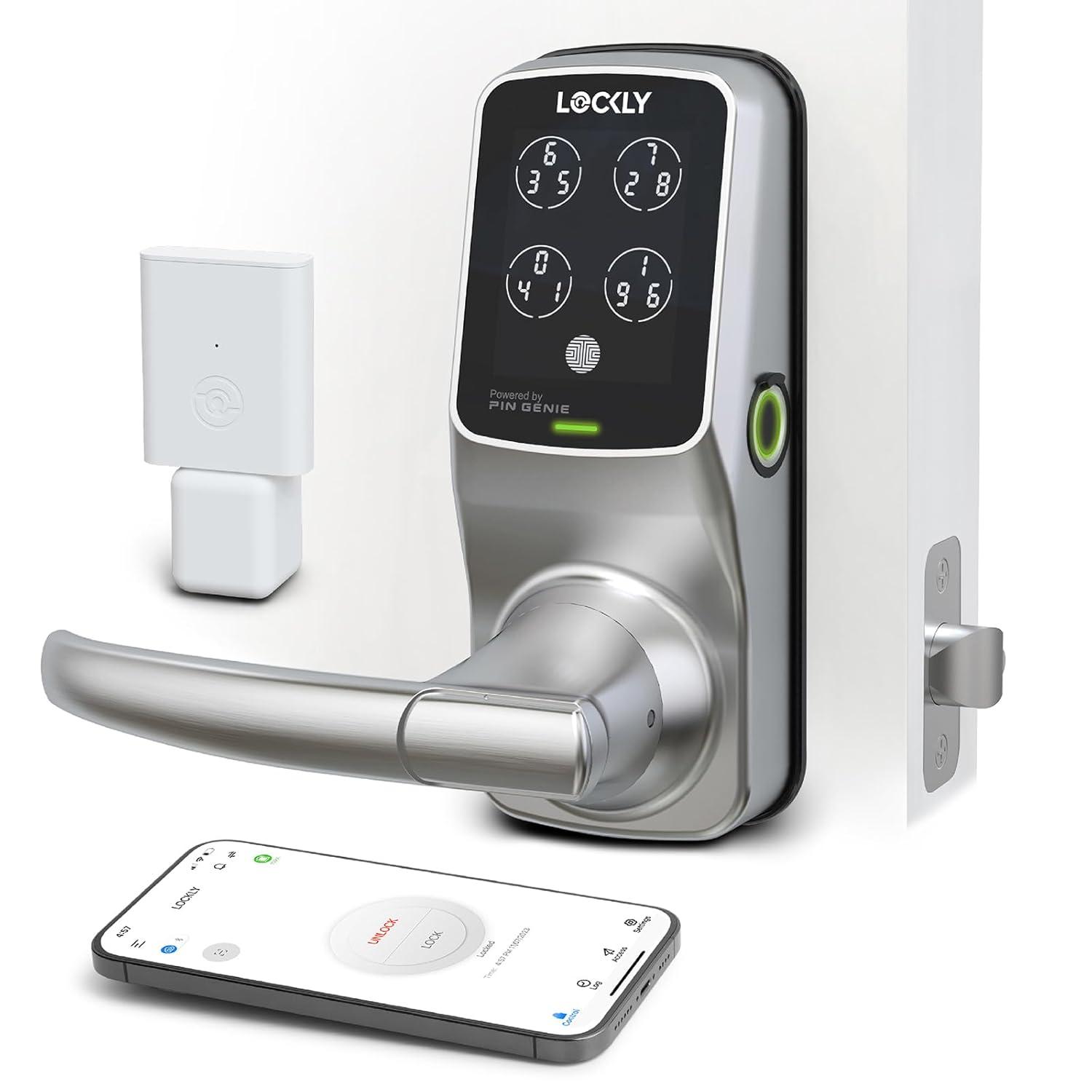 Lockly Secure Pro Latch Wi-Fi Smart Locks Satin Nickel Smart Lock Electronic Handle with Wifi Bluetooth and Fingerprint Touchscreen Keypad