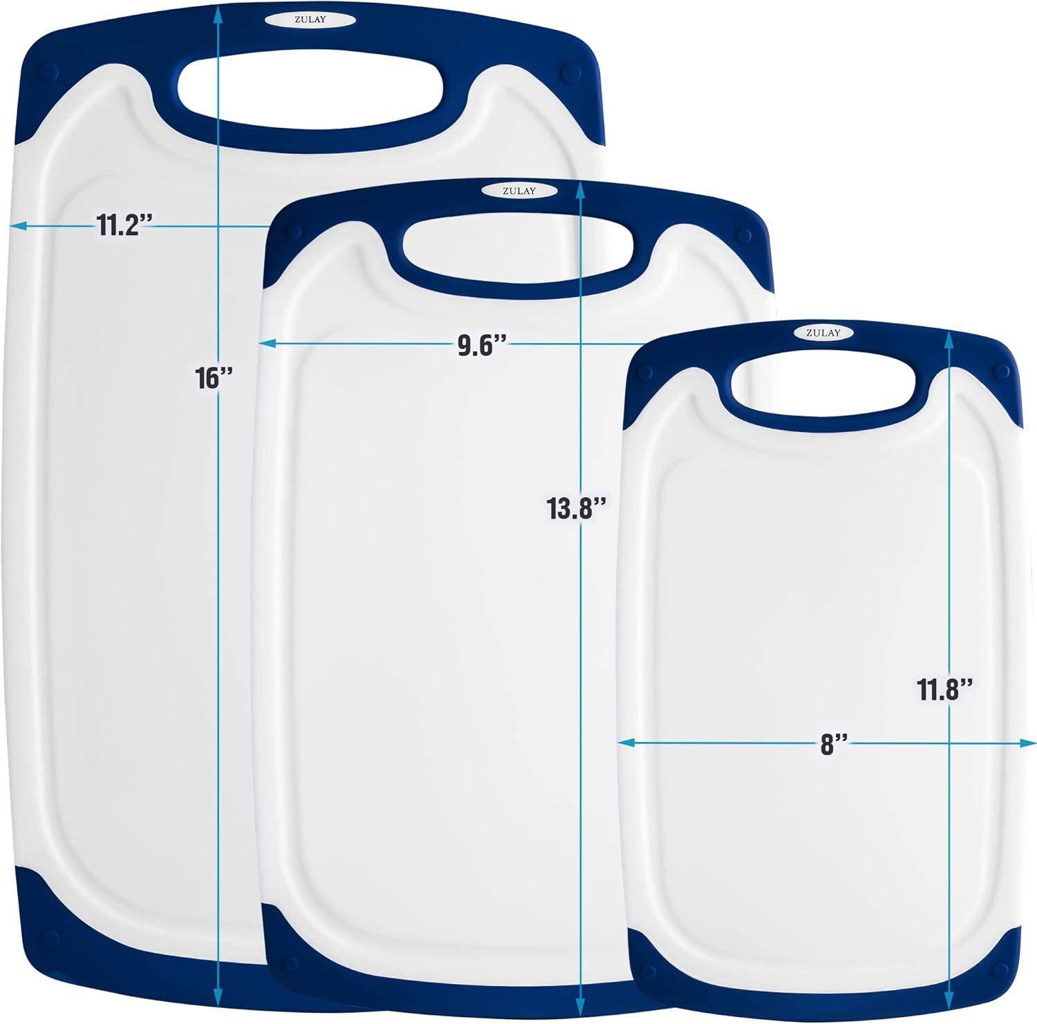 White and Navy Plastic Cutting Board Set with Juice Grooves